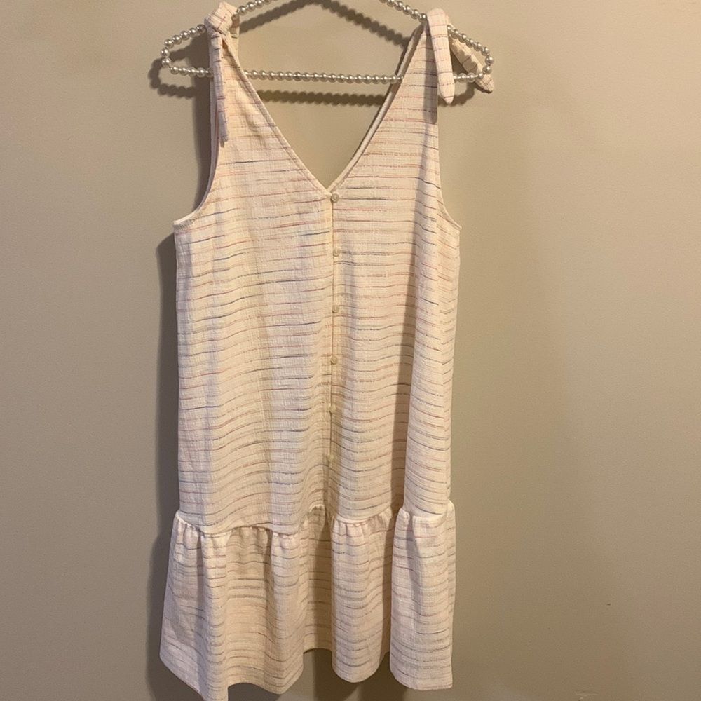 NEW LOFT Bow Strap Button Flounce Dress S Ivory Multi Stripe Tie Shoulder